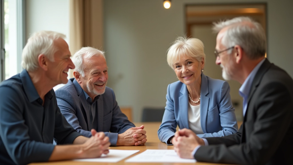 Group of four mature adults aged 50-60, fully clothed in casual professional attire, sitting around wooden table in bright modern office space, engaged in conversation, warm lighting, collaborative atmosphere