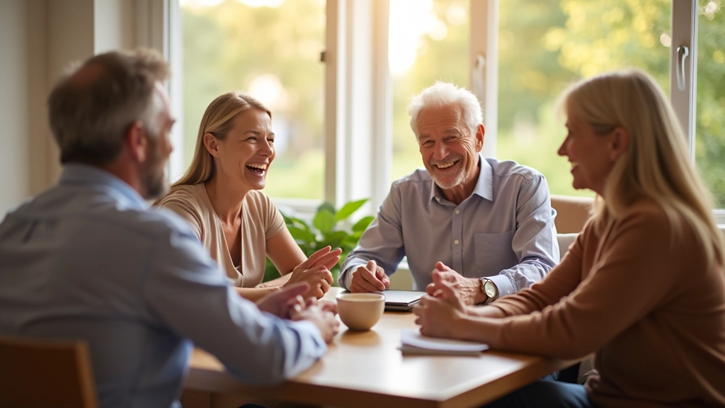 Group of adults aged 45+ enjoying meaningful conversation together, friendship and connection