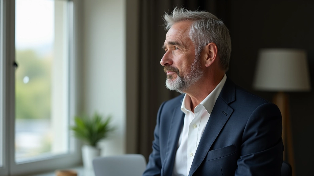 Professional man aged 55 sitting at desk with thoughtful expression, contemplating major life change and transition
