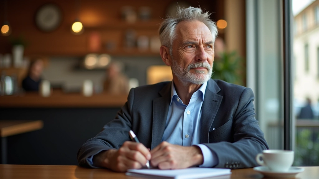 Professional photo of realistic man aged 55, fully clothed in casual smart attire, sitting in modern coffee shop with notebook and pen, thoughtful expression, warm afternoon lighting, blurred background, NO text, NO watermarks
