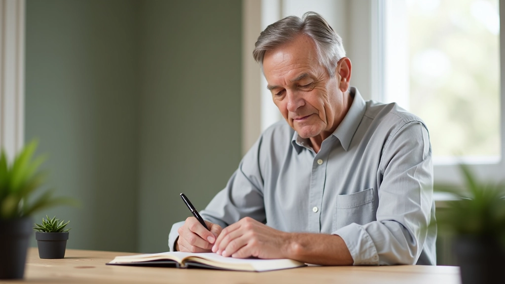 Man in his 50s writing goals, planning and setting intentions for retirement years