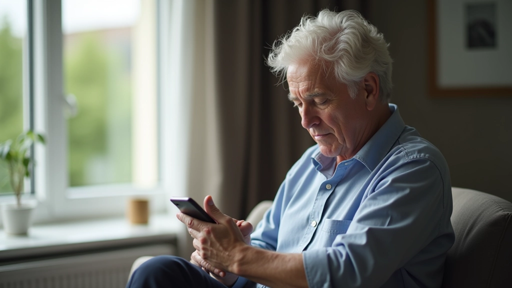 Person looking at phone with thoughtful expression, sitting by window, natural light, contemplative mood