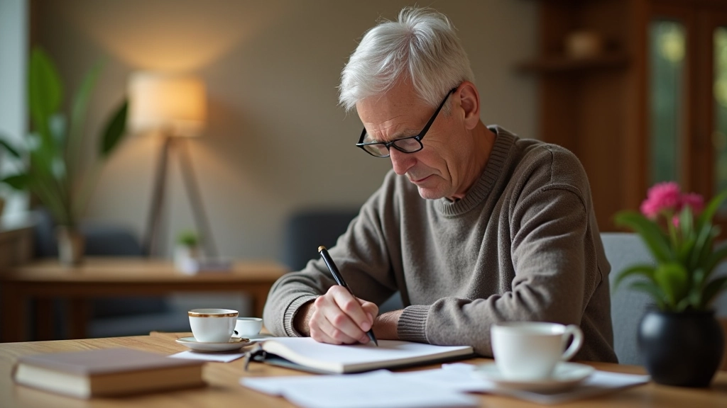 Person aged 56 writing in journal at wooden desk with glasses and warm tea, focused expression, home office with soft afternoon light