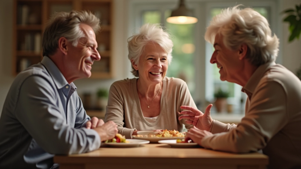 Three people enjoying meal together at dining table, warm lighting, genuine smiles, casual gathering