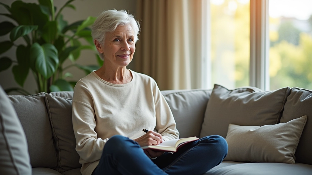 Woman aged 52 fully clothed in comfortable home setting, sitting cross-legged on modern sofa with journal open on lap, warm afternoon light, peaceful home interior with plants, reflective expression