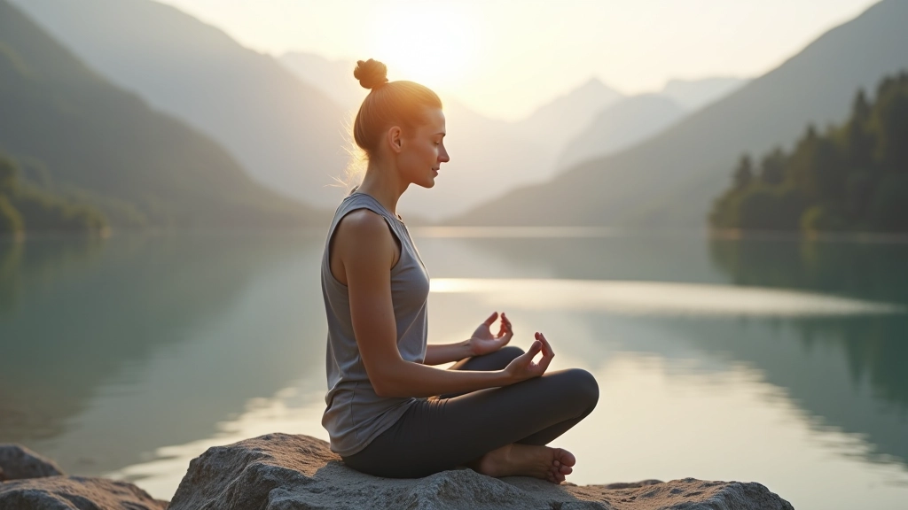 Woman sitting peacefully outdoors in nature, reflecting on life during retirement transition, calm and contemplative expression