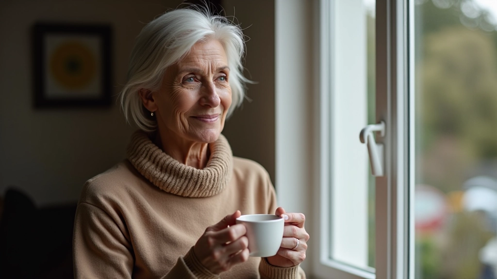 Woman aged 60 looking thoughtfully out of window with warm beverage, natural indoor lighting, peaceful contemplative moment